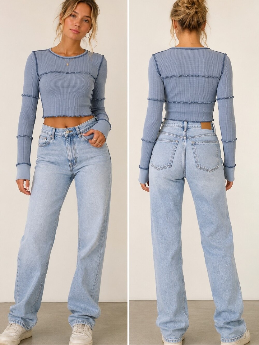 Urban Outfitters Blue Waffle Knit Exposed Seam Crop Top M